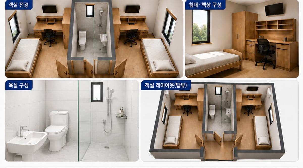 숙소 내부 구성 — 객실·침대·욕실·레이아웃